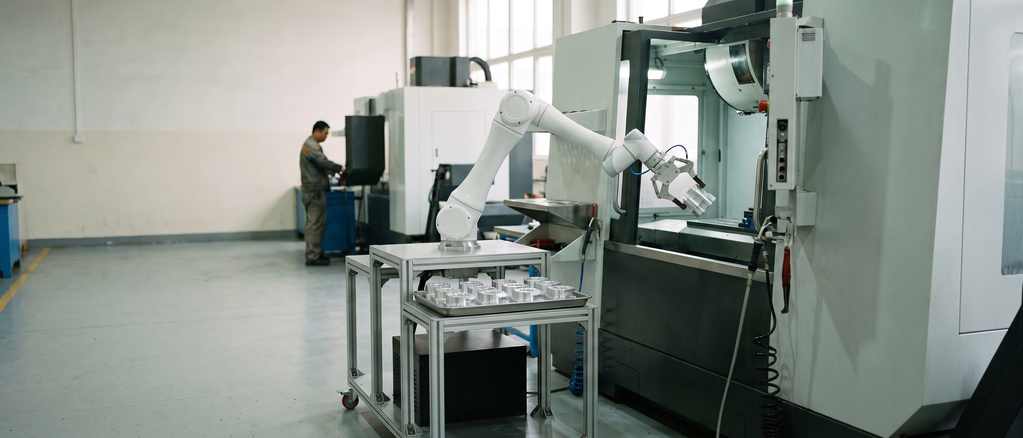 A collaborative robot arm loading a machined part into a CNC milling machine on a factory floor