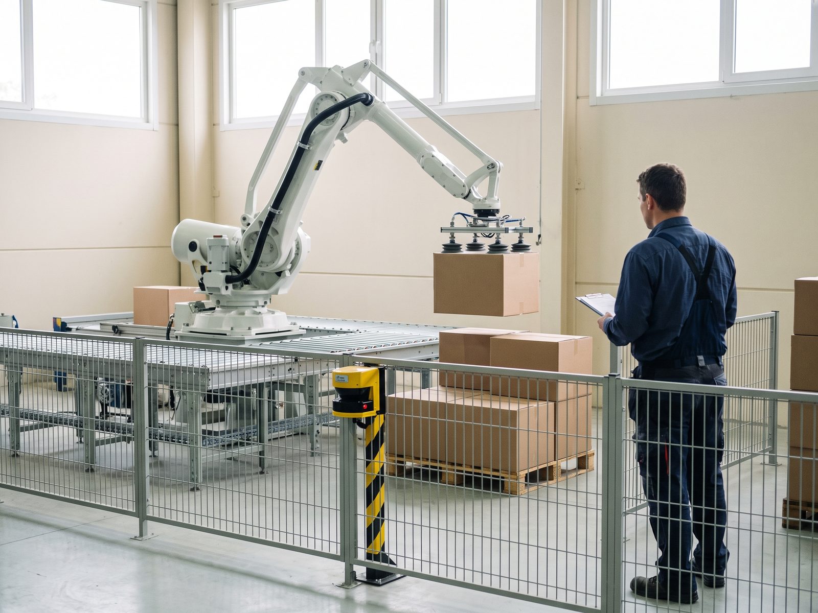 A robot arm stacking cartons onto a pallet at the end of a packaging line, with safety guarding in place